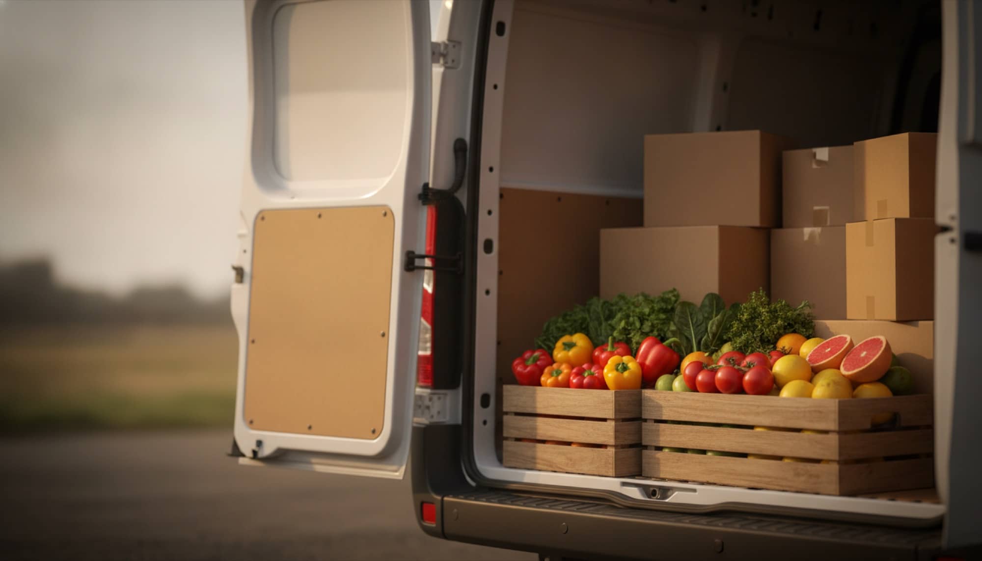 White delivery van with the rear doors open, loaded with crates of fresh produce and boxed restaurant supplies