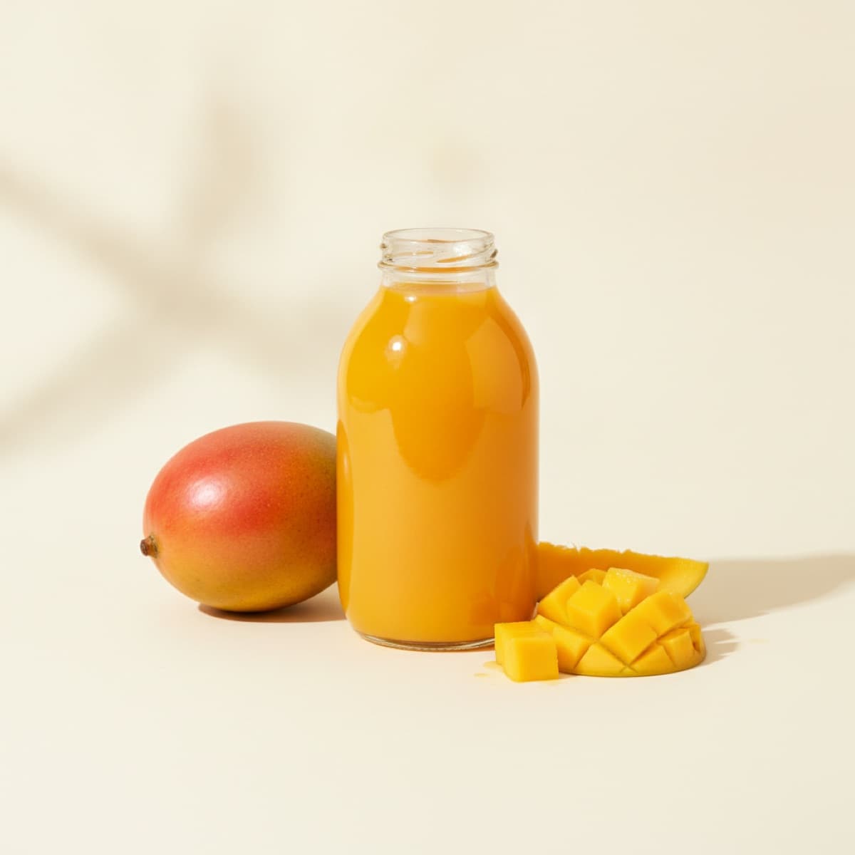 Glass bottle of thick orange mango juice with a ripe mango