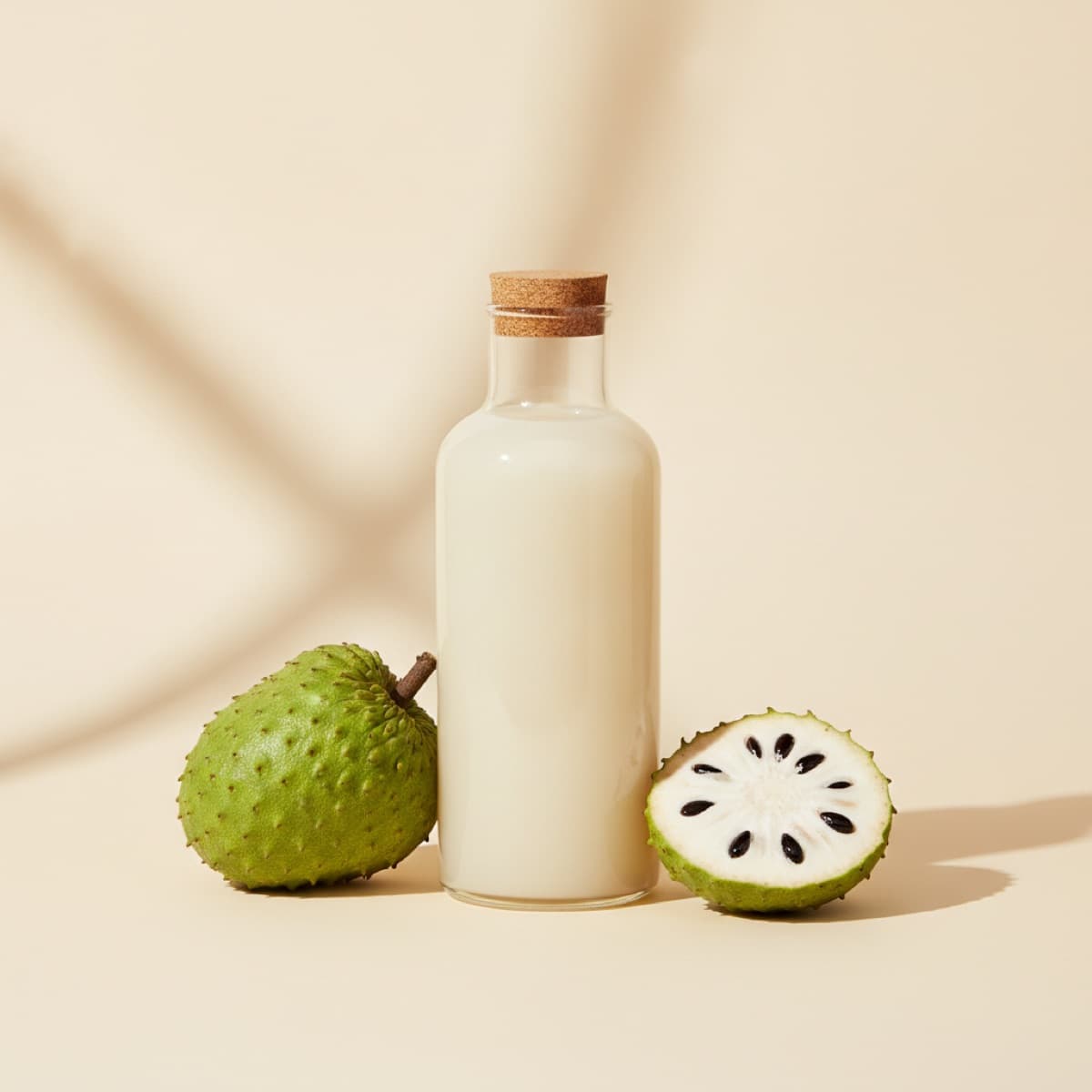 Glass bottle of creamy soursop juice with a whole soursop fruit