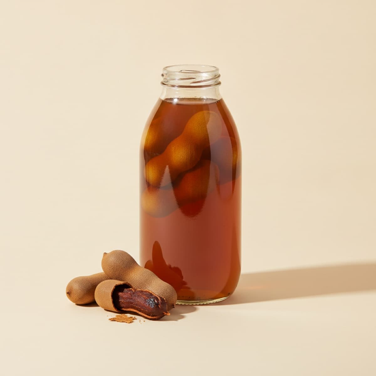 Glass bottle of dark amber tamarind juice with tamarind pods