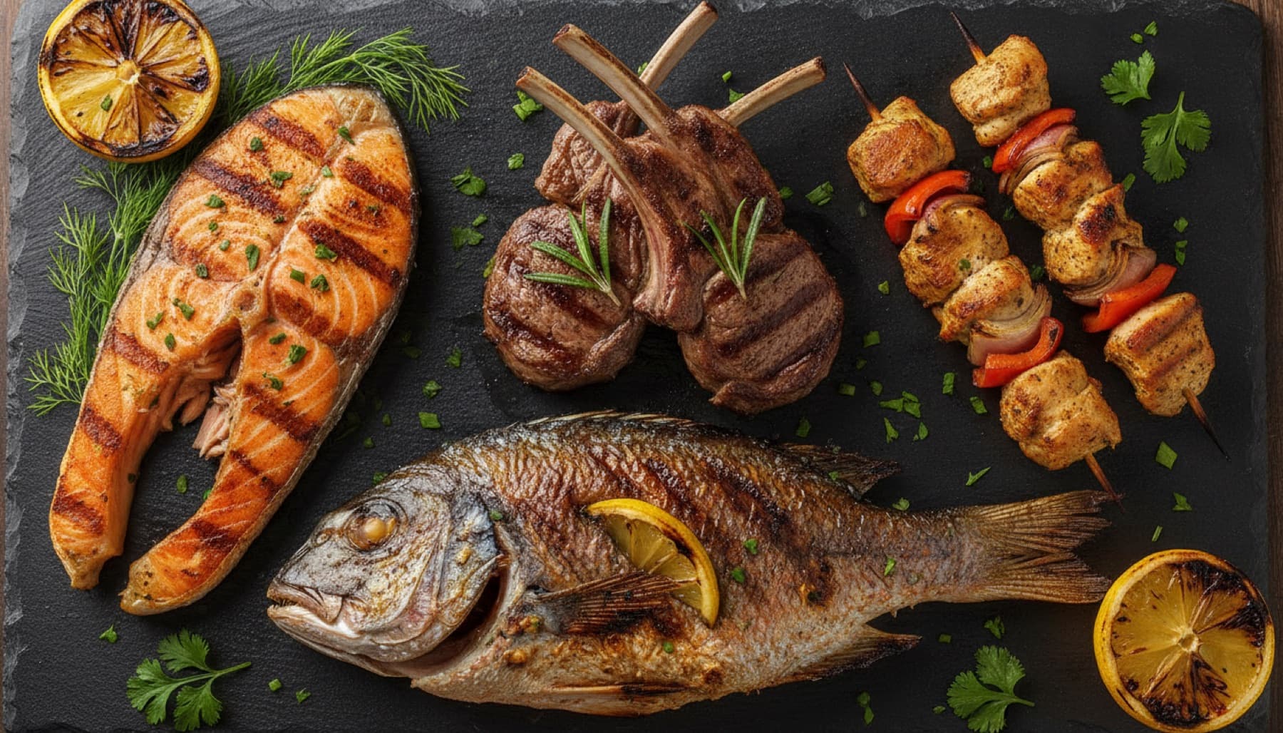 Platter of grilled lamb chops, chicken skewers, grilled salmon, and a whole grilled red snapper