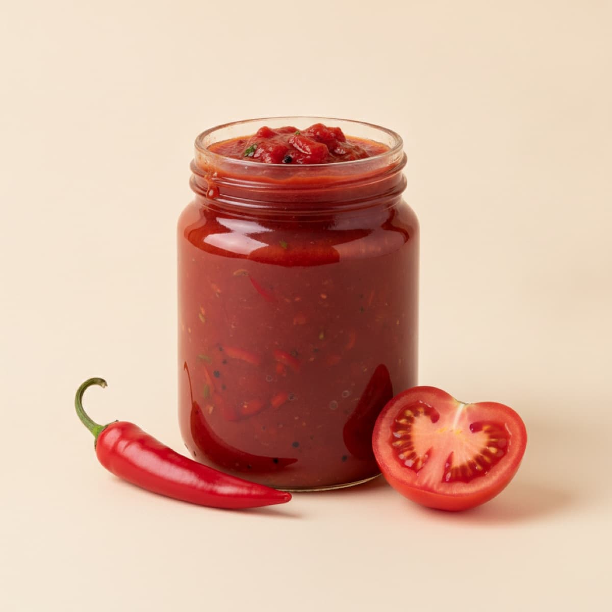 Jar of deep red tomato and pepper sauce with chili and tomato