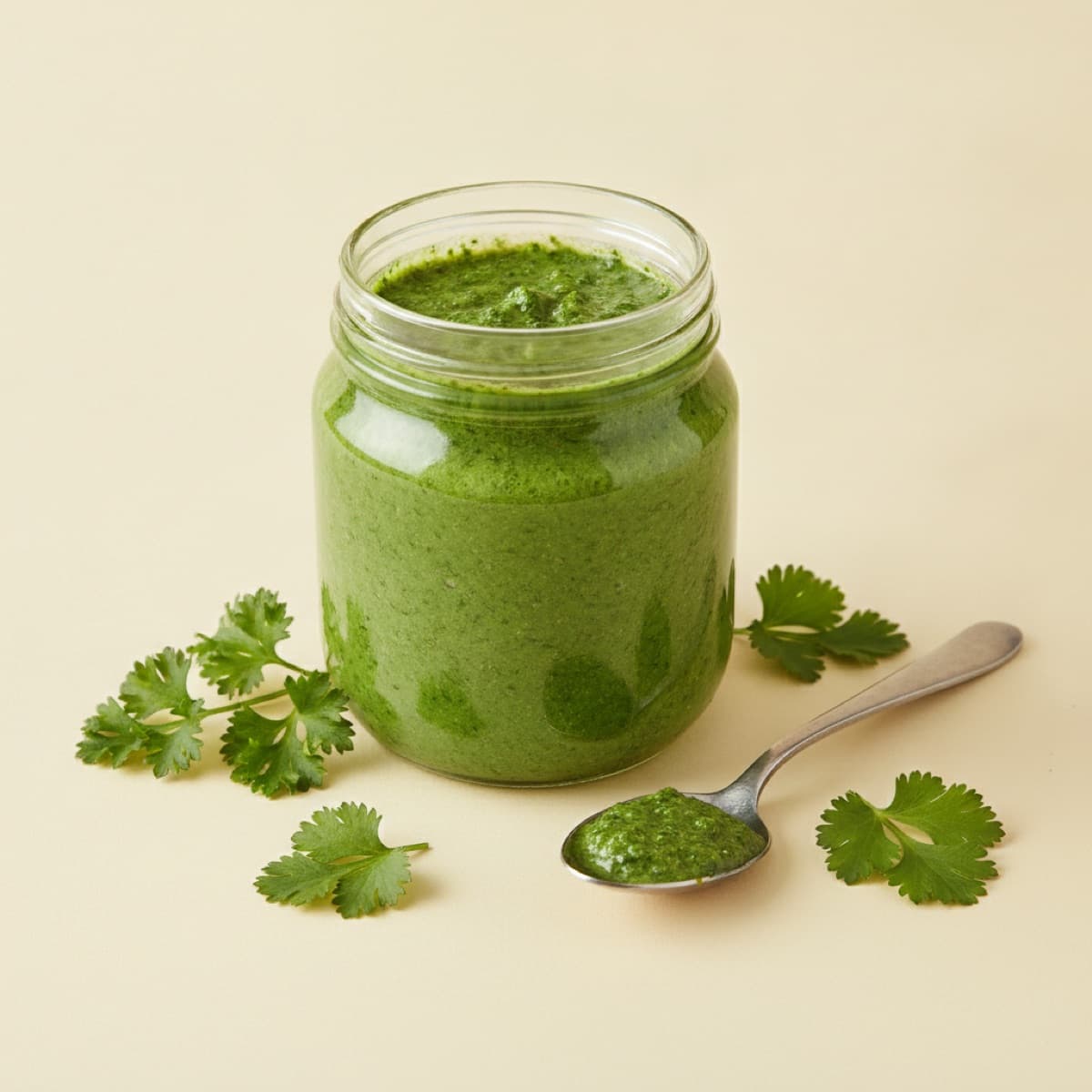 Open jar of vibrant green herb sauce with fresh herbs beside it