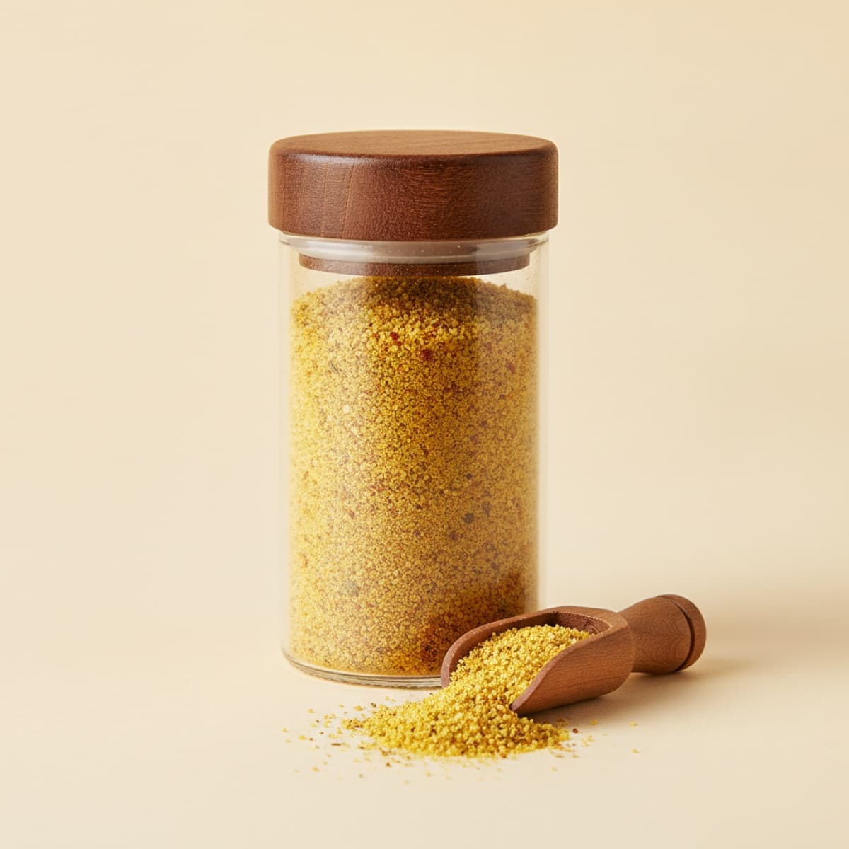 Glass spice jar of golden chicken seasoning with a wooden scoop