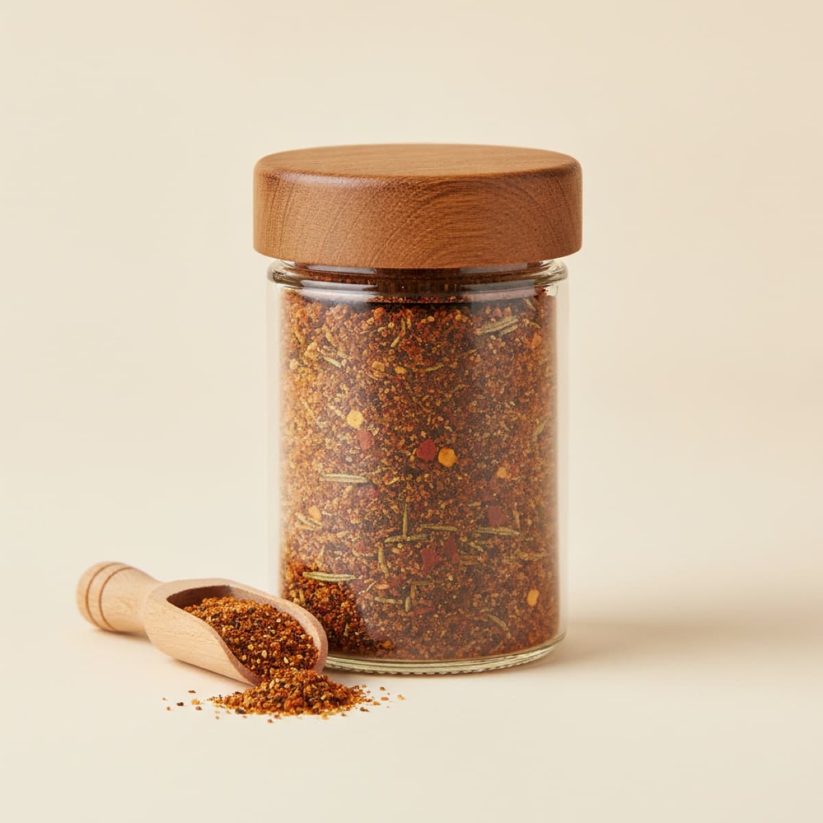 Glass spice jar of deep red lamb seasoning with rosemary flecks