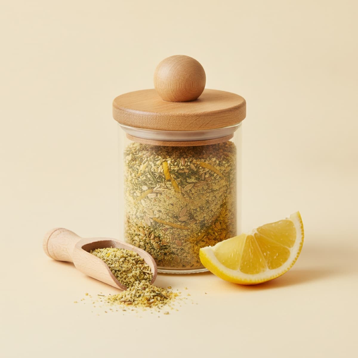 Glass spice jar of pale golden seafood seasoning with a lemon wedge