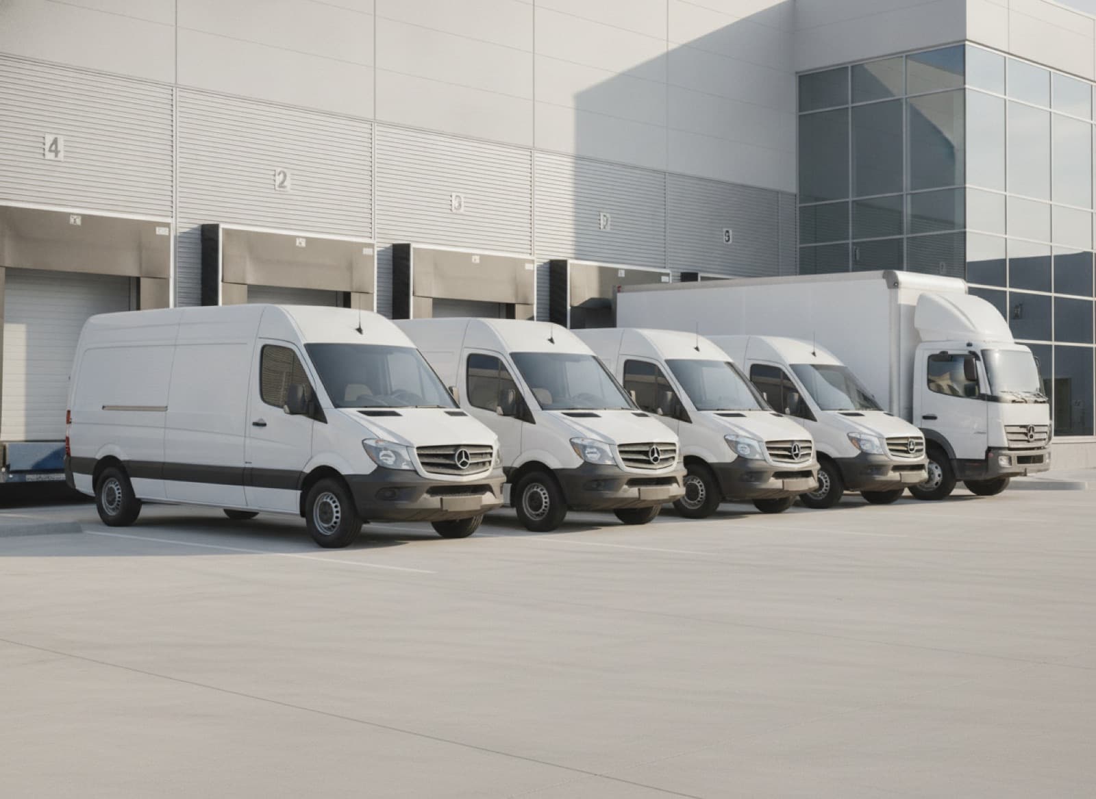 Fleet of white Sprinter cargo vans and a box truck lined up at a warehouse loading dock