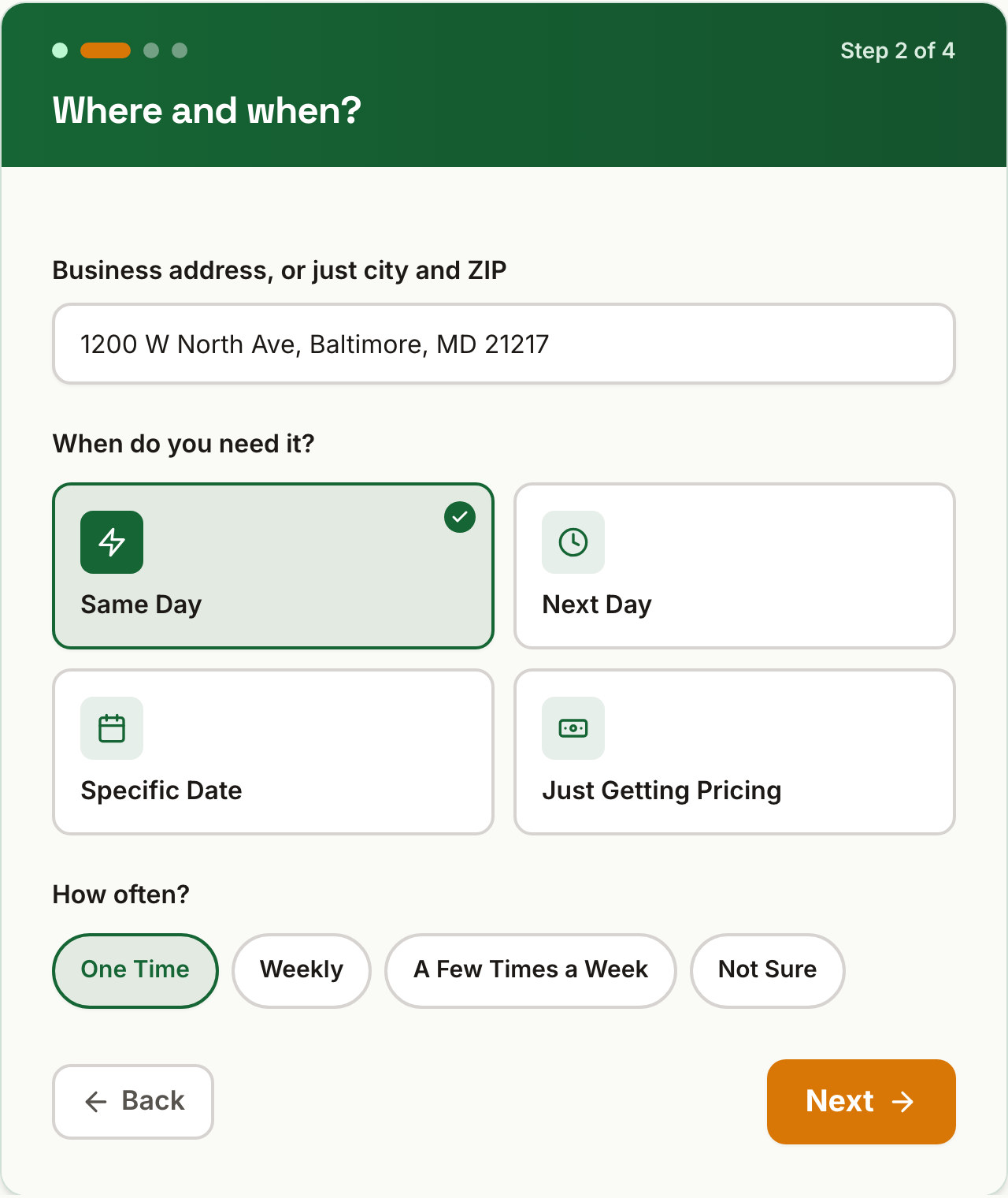 Live Request a Delivery form, step 2 of 4 (Where and when): delivery location, timing, and frequency.