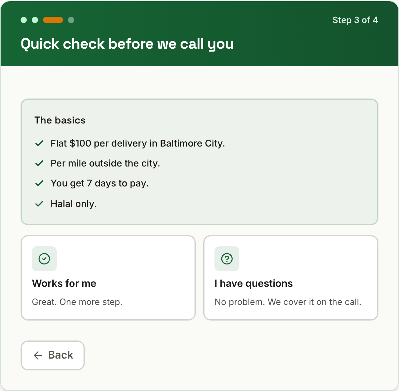 Live Request a Delivery form, step 3 of 4: the pricing and terms check.