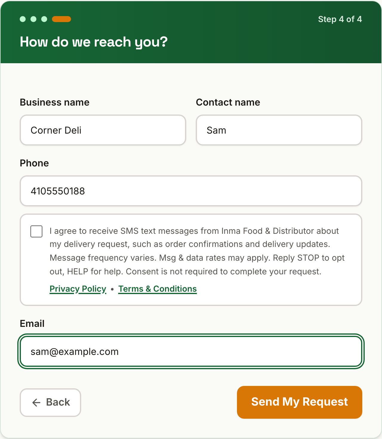 Live Request a Delivery form, step 4 of 4 (How do we reach you): contact fields with the unchecked SMS consent checkbox and the Send My Request button, showing consent is optional to submit.
